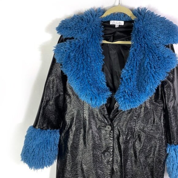 Love Whit Whitney Port Sherpa Collar Coat Black Faux Leather Blue Fur Trim Sz M - Picture 6 of 12